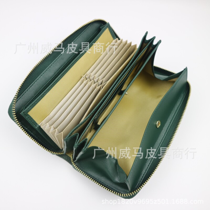 现货日式真皮拼接荔枝纹风琴长款钱包 头层牛皮零钱收纳拉链钱包