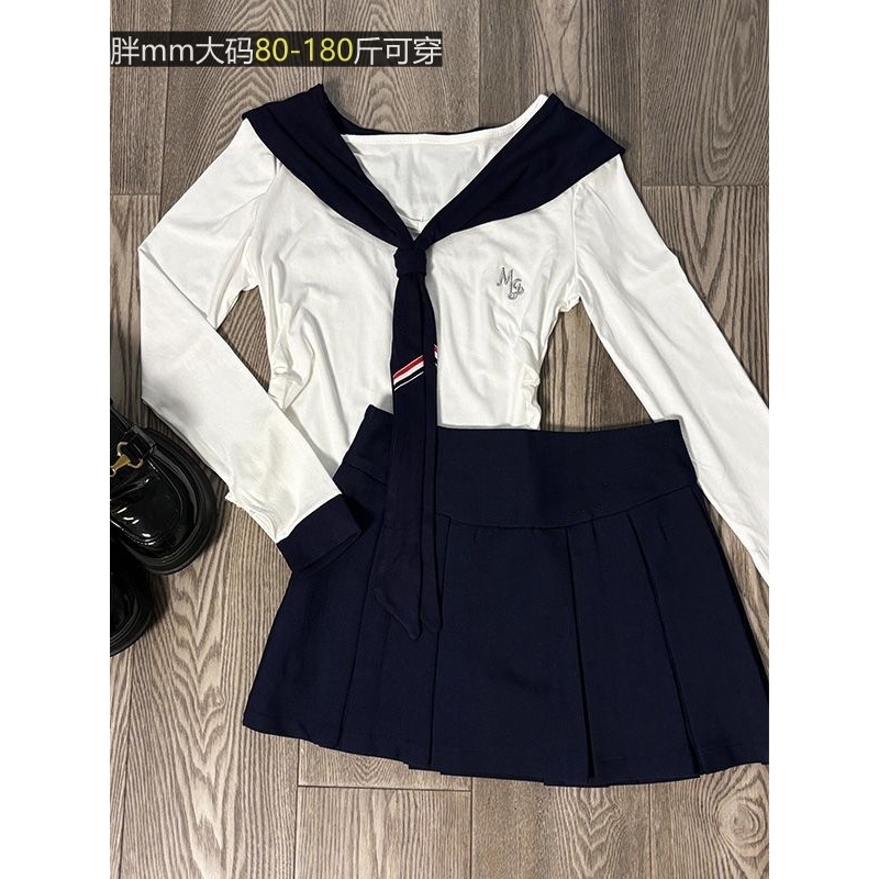 秋冬大码辣妹学院风JK制服套装海军领披肩修身上衣百褶短裙一整套
