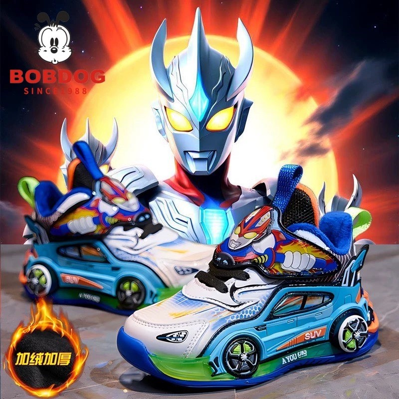 巴布豆真皮鞋子男童2025新款冬季加绒保暖儿童皮面亮灯运动鞋发光