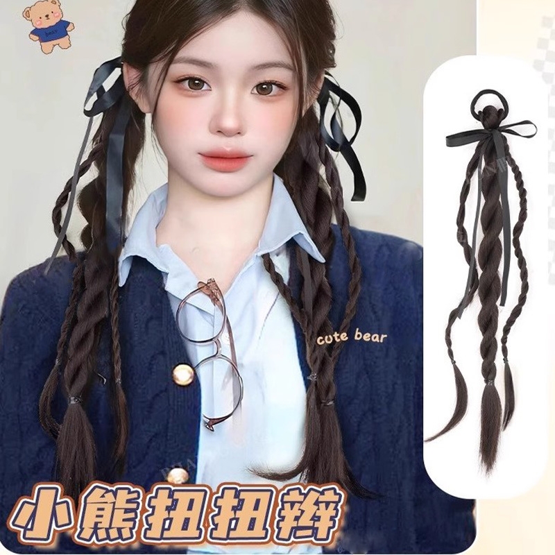 假发辫子女仿真芭蕾风双麻花丝带扭扭辫新中式马尾辫氛围造型真发