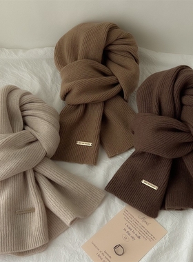 围巾女冬季2025新款毛线针织小围巾潮加厚保暖灰色卡其色米色蓝色