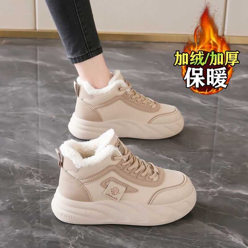 啄木鸟女鞋踩屎感加绒运动鞋2025新款冬季真皮34码松糕厚底鞋子高