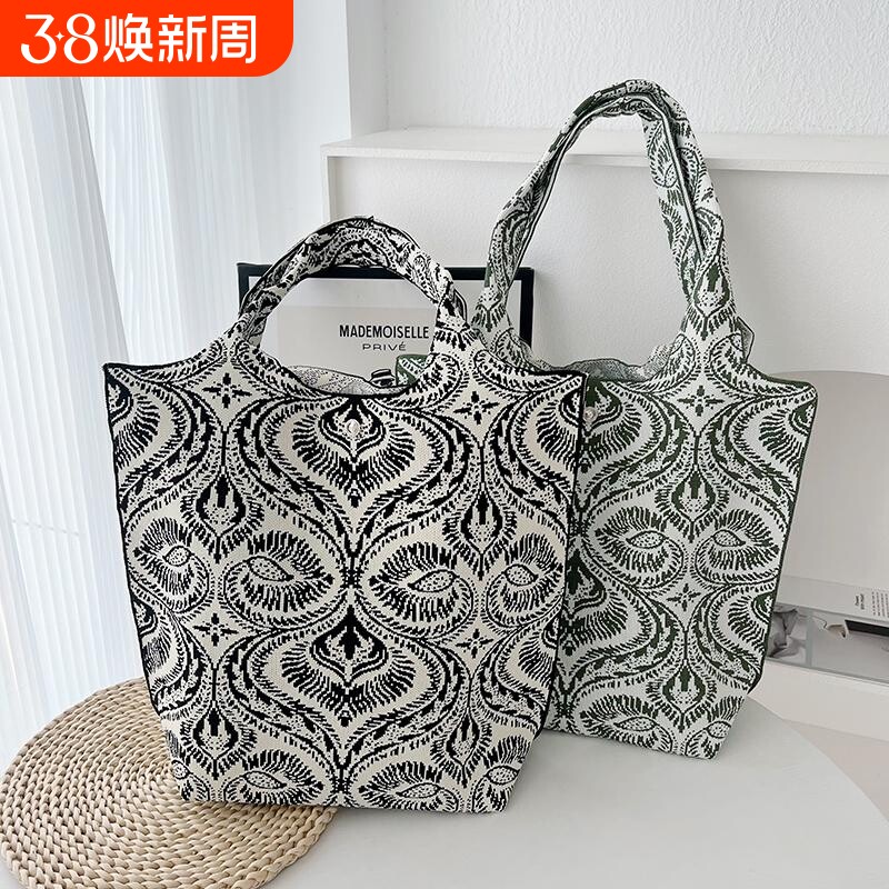 针织碎花女士单肩手提包托特包大容量通勤购物袋女包编织手拎手工