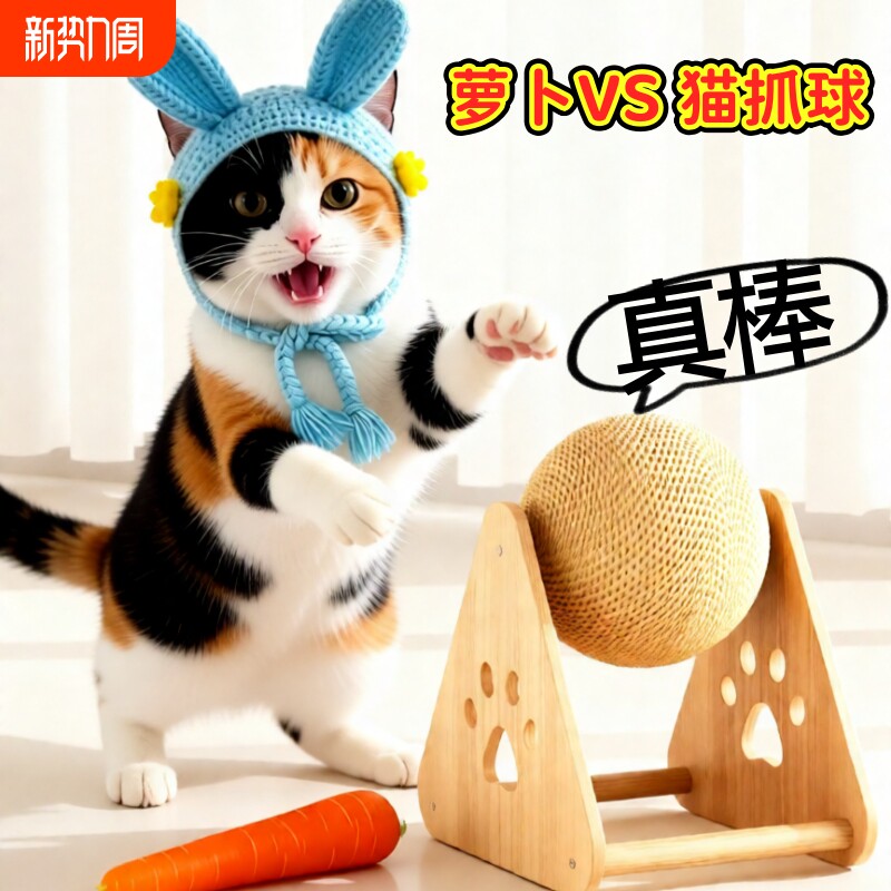 剑麻立式球类不掉屑新款自嗨玩具实木球笼猫抓球猫咪用品自嗨玩具