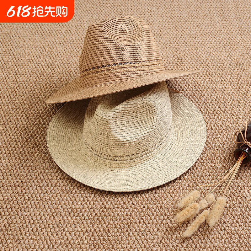 纯色巴拿马草帽女夏出游遮阳防晒拍照百搭沙滩帽时尚爵士帽男