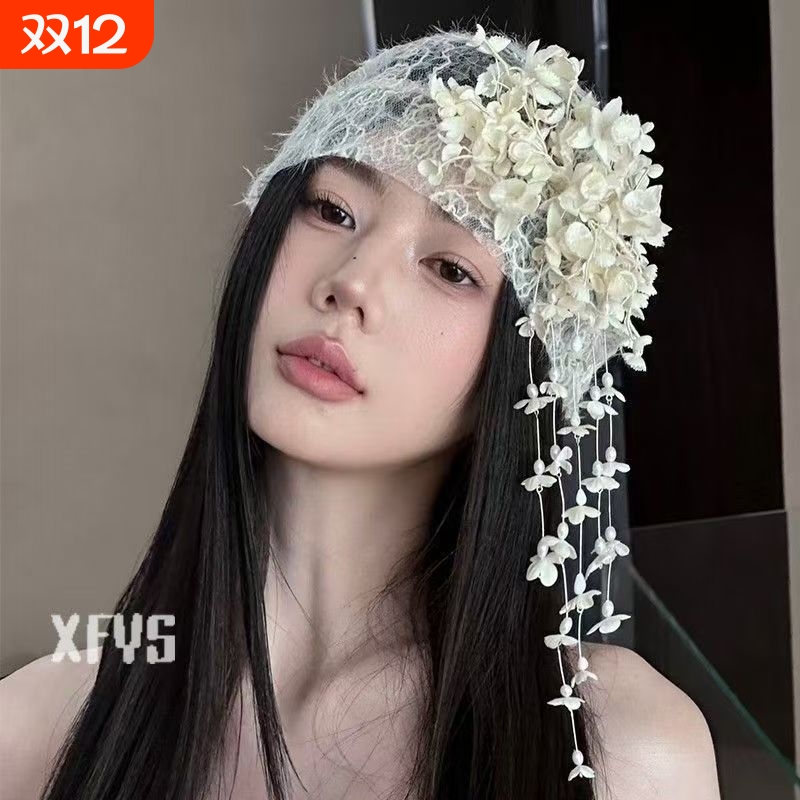 复古法式蕾丝包头帽超仙花朵流苏发饰拍摄造型气质新娘礼服头饰品
