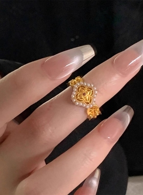 新中式金色花朵镶嵌红色锆石戒指女时尚轻奢优雅贵气珍珠镂空指环