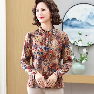 中年妈妈秋冬打底衫女中老年加绒加厚衣服冬装碎花上衣服时髦花色