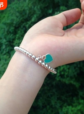 s925纯银心形手链女蓝色爱心吊坠银珠手串珐琅T家提夫尼同款佩戴
