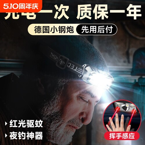 头戴式强光头灯充电超亮夜钓鱼照明户外超长续航超轻感应小手电筒 - 封面