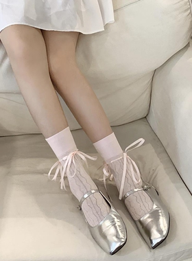 芭蕾风白色袜子女夏季薄款网眼绑带蝴蝶结jk少女洛丽塔袜灰色中筒
