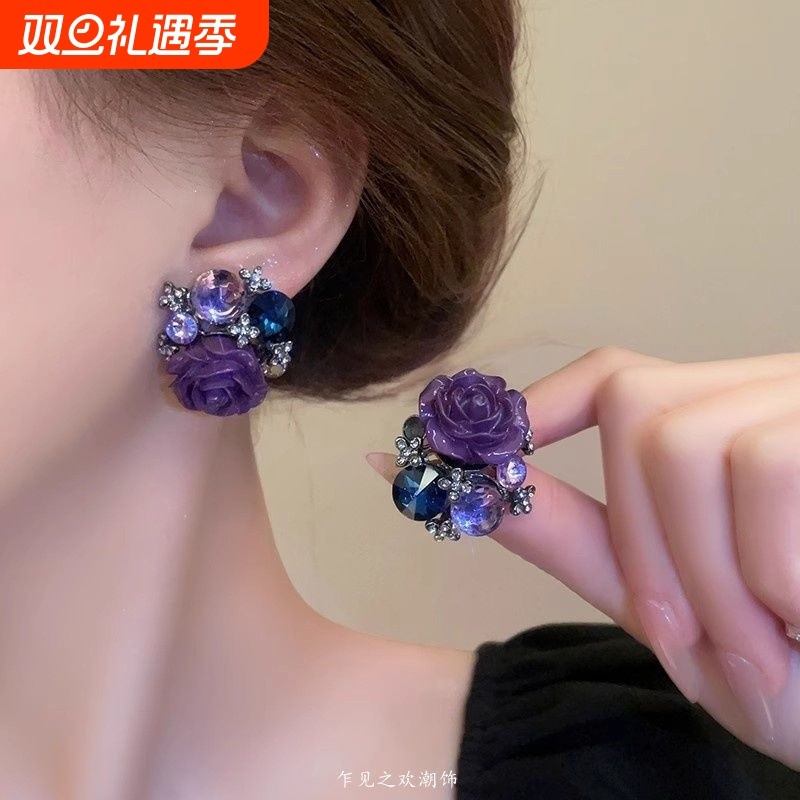 紫色耳饰花朵耳钉女小众设计复古气质独特耳环2025新款爆款高级感