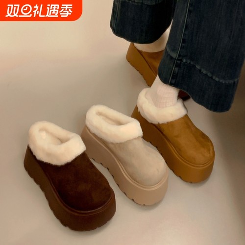 他她女孩7CM增高厚底包头半拖毛毛鞋女冬季新款加绒棉鞋鞋子时尚