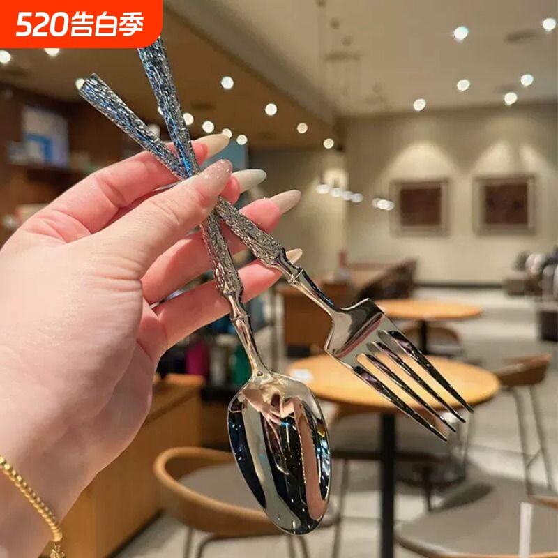 高颜值锤纹！304不锈钢勺子叉子餐具家用长柄吃饭勺西餐主餐匙叉