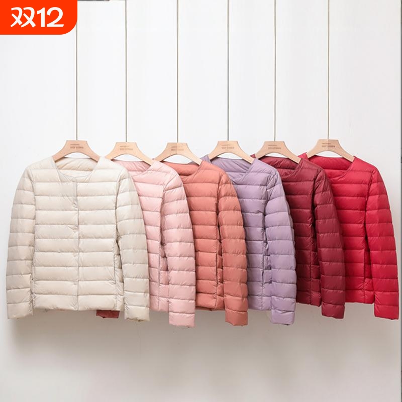 户外90白鸭绒轻薄羽绒服女短款圆领内胆春秋季无领外套内搭轻便妈