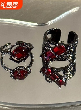 红月光戒指男女ins小众设计感开口可调节指环冷淡风食指戒尾戒潮