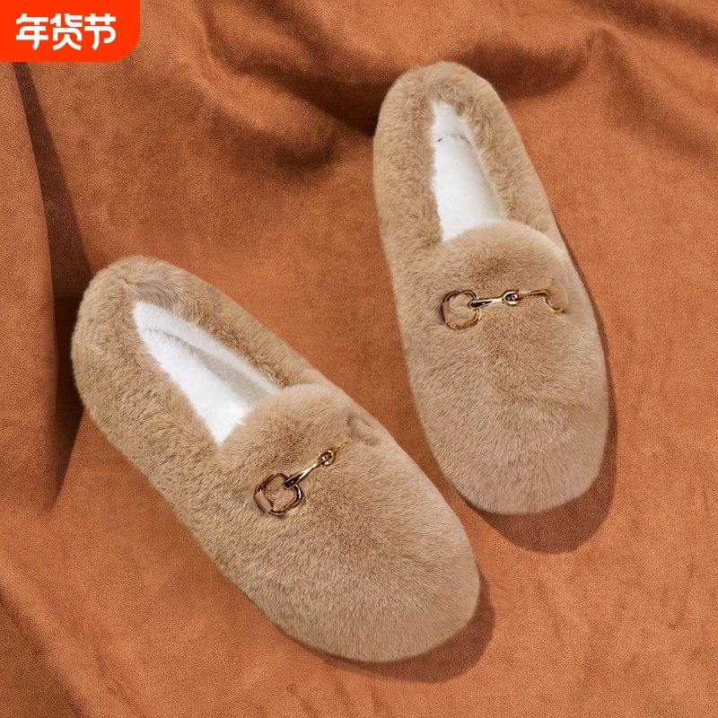 他她女孩毛毛鞋女秋冬外穿2025新款加绒保暖鞋爆款豆豆鞋软底冬天,女鞋,棉鞋,淘宝优惠券,粉丝福利购,淘宝优惠卷