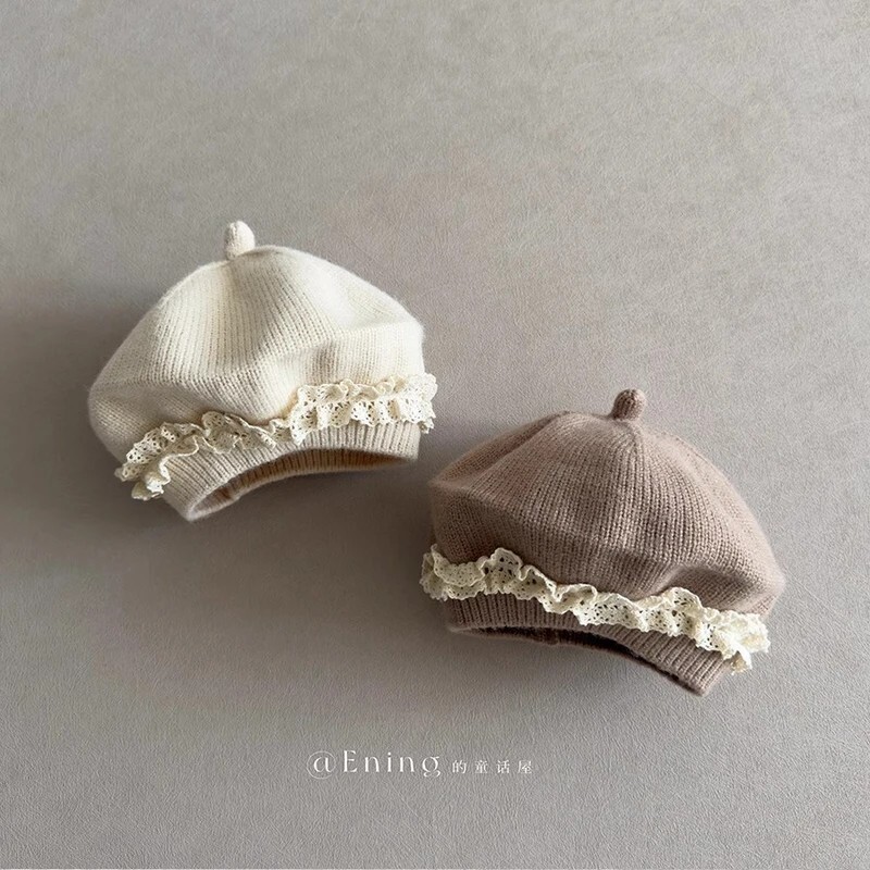 蕾丝女宝宝贝雷帽秋冬季保暖防风婴儿童毛线帽子洋气2025新款花边
