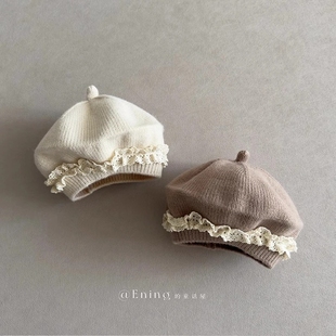 蕾丝女宝宝贝雷帽秋冬季 花边 保暖防风婴儿童毛线帽子洋气2025新款