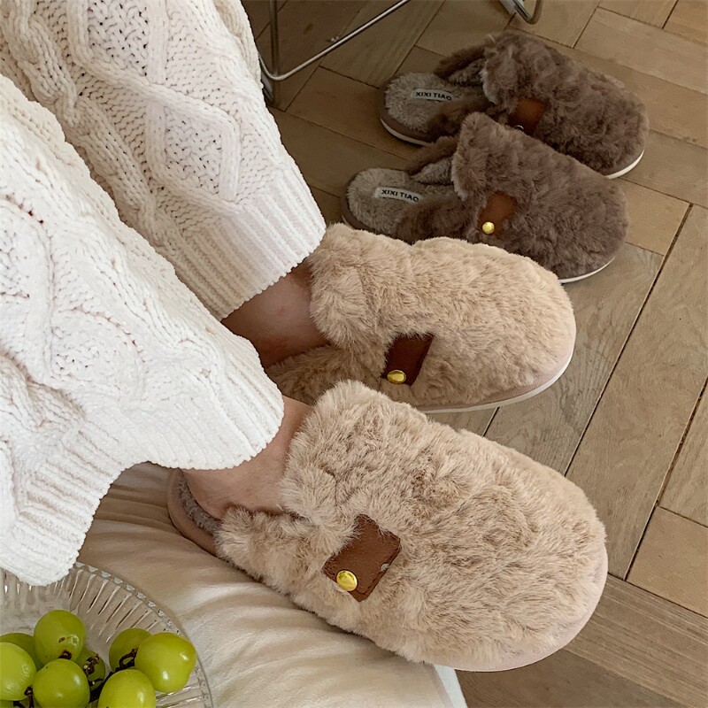 细细条复古时尚百搭情侣棉拖鞋家居防滑保暖毛绒月子鞋男女冬季