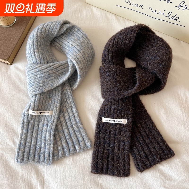 小平板长围巾韩版针织学生百搭保暖围脖加厚黑色紫色绿色驼色米色