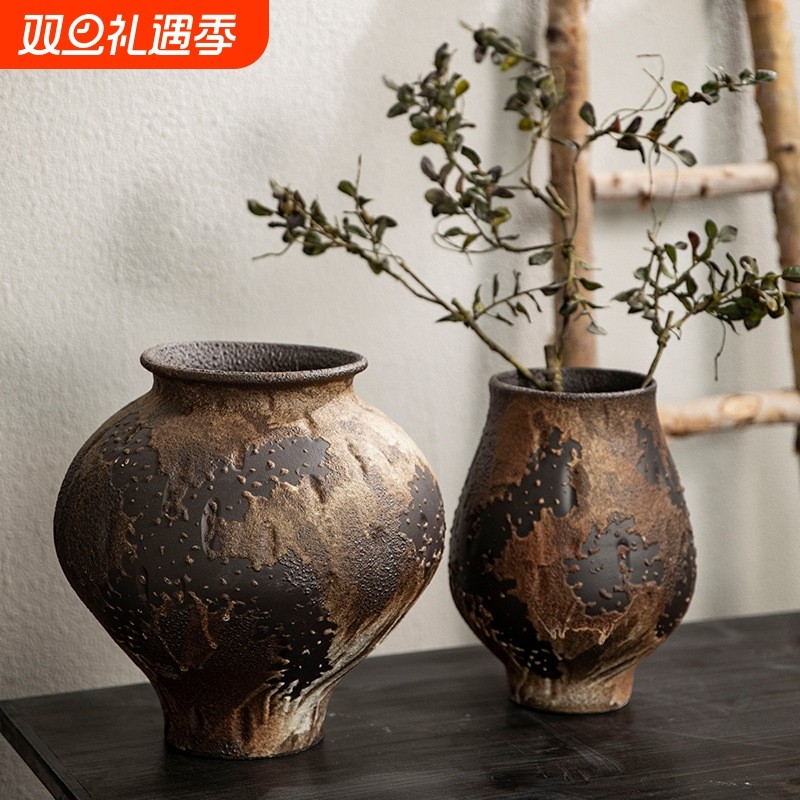 景德镇侘寂风禅意摆件粗陶陶罐手工插花民宿酒店复古怀旧陶瓷花瓶