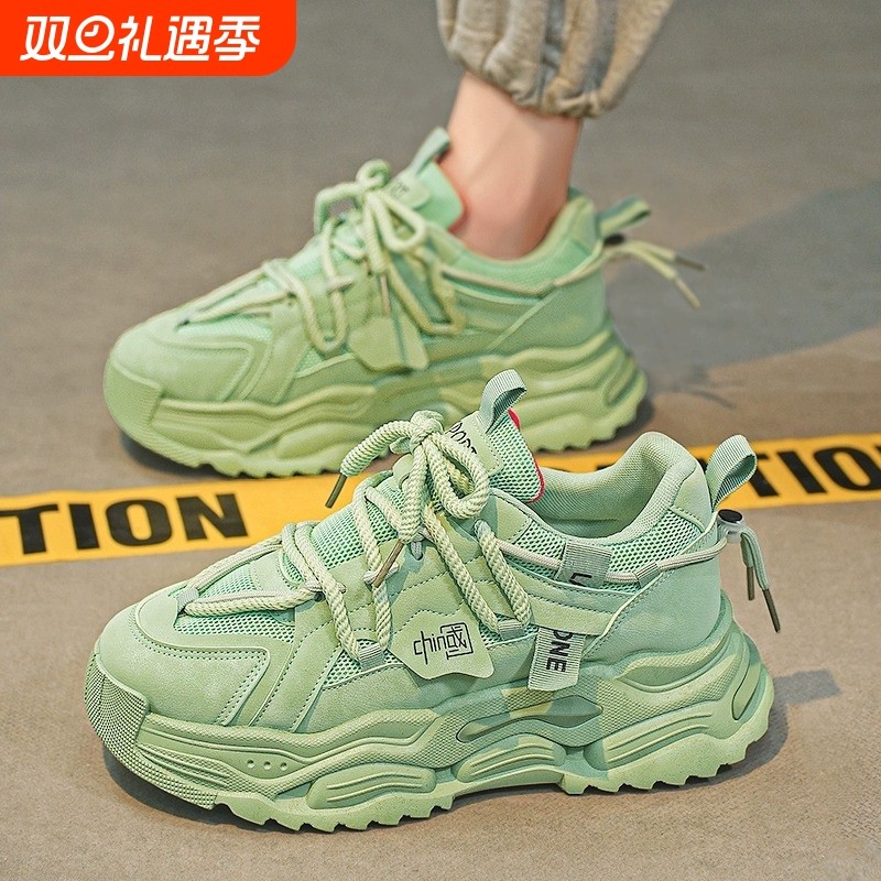 男鞋秋季老爹运动绿色休闲跑步增高厚底网面大头炸街透气ins潮鞋
