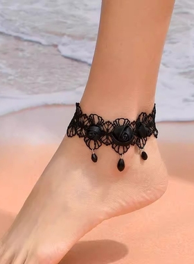黑色蕾丝花朵脚链女脚绳裸脚脚环