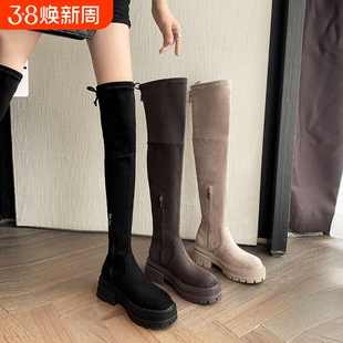他她女孩长靴女胖mm粗腿秋冬鞋子2025新款大筒围绒面弹力过高跟