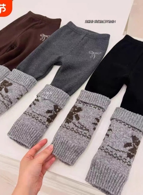 女童保暖裤儿童冬装费尔岛袜套宝宝加绒打底裤长裤THH452灰色休闲