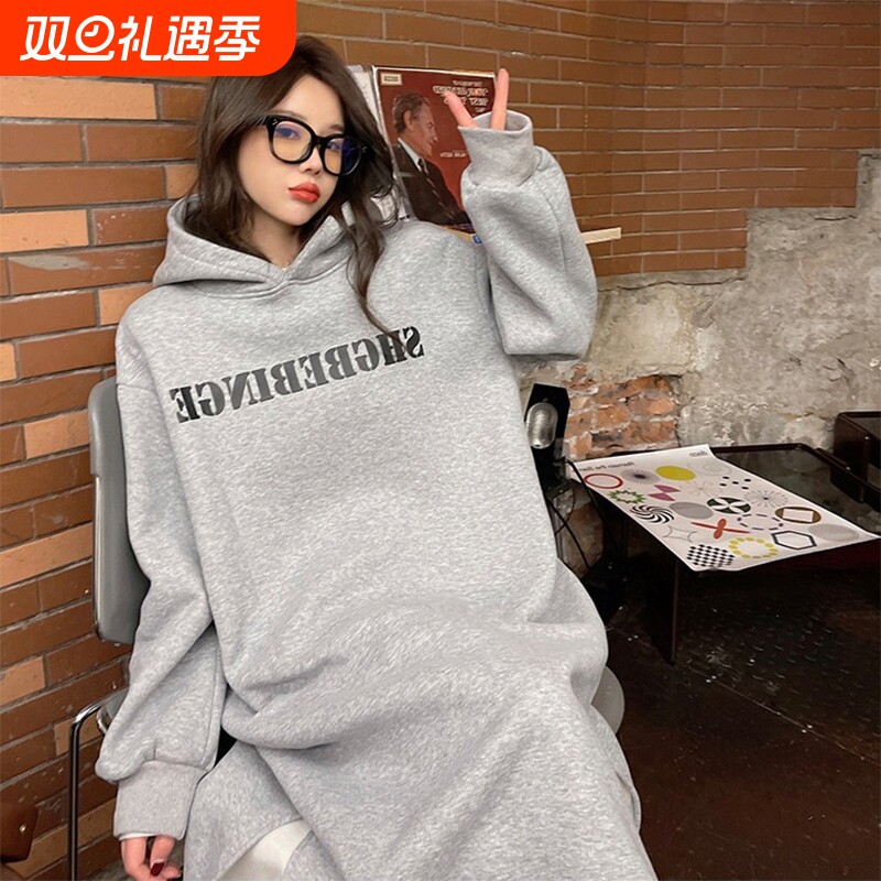 孕妇装中长款纯棉连帽卫衣裙孕妈秋冬新款加绒宽松休闲直筒连衣裙