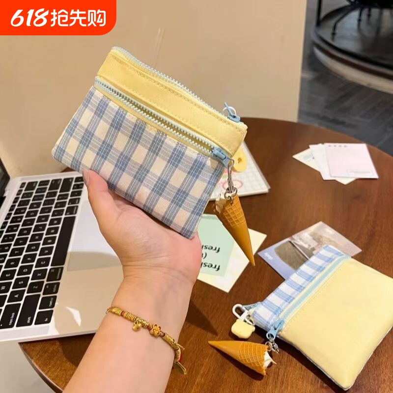 可爱布艺零钱包撞色双层迷你化妆包ccd收纳包卡包证件包袋印花
