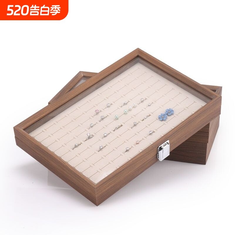 黑胡桃木纹珠宝箱麂皮绒米白色首饰收纳整理盒耳饰手镯柜台摆放架