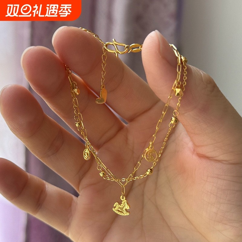 法式金色双层叠戴摇摇步马吊坠手链韩版时尚简约精致高级感手饰品