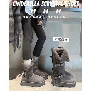 幂琳桑坡雪地靴女款厚底内增高9CM加绒加厚长筒雪地棉鞋3冬季中筒