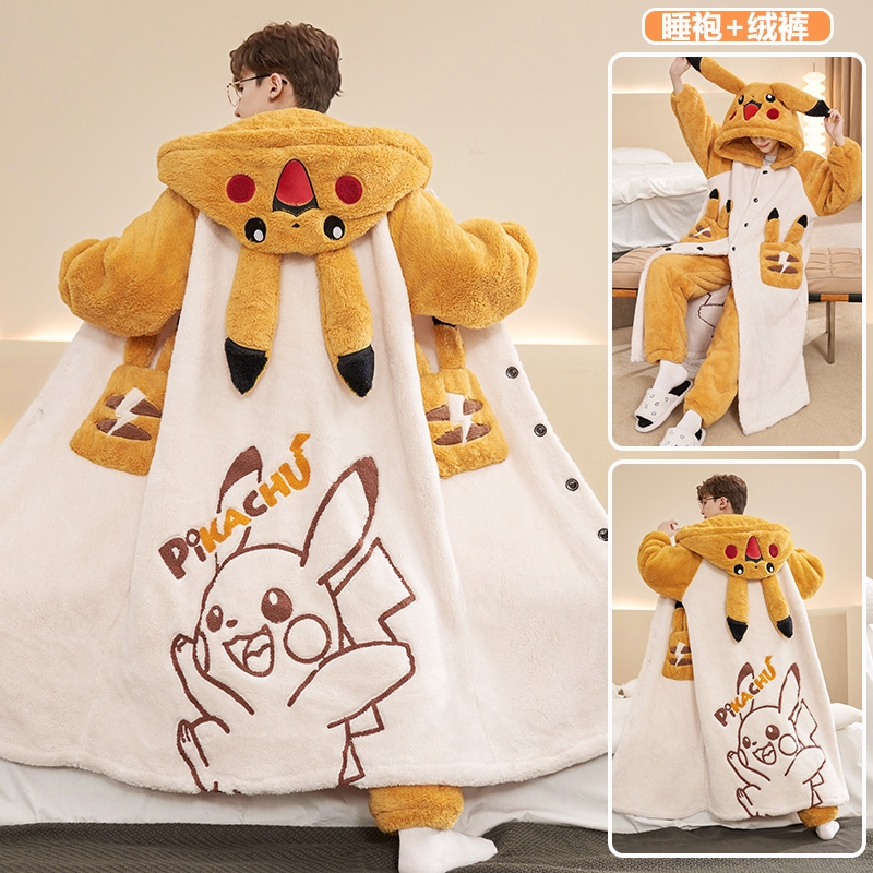 皮卡丘加厚珊瑚绒睡袍男士睡衣肥佬大码男款冬季青少年浴袍家居服