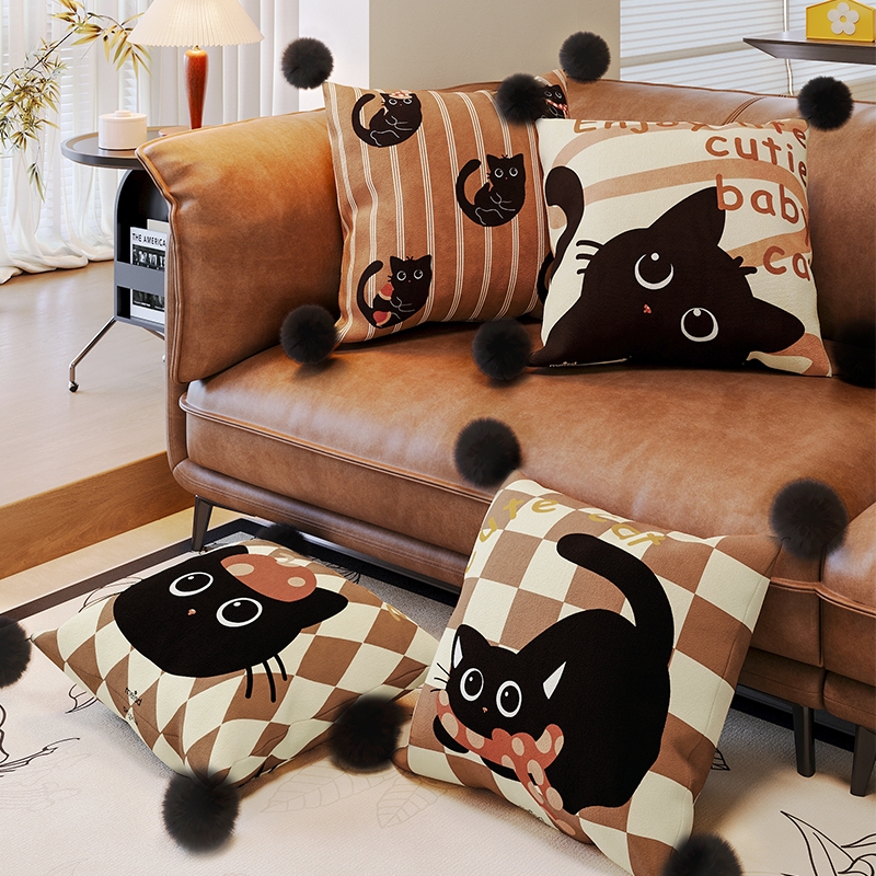 格子靠垫可爱卡通猫猫儿童卧室靠枕含芯可拆洗客厅沙发抱枕