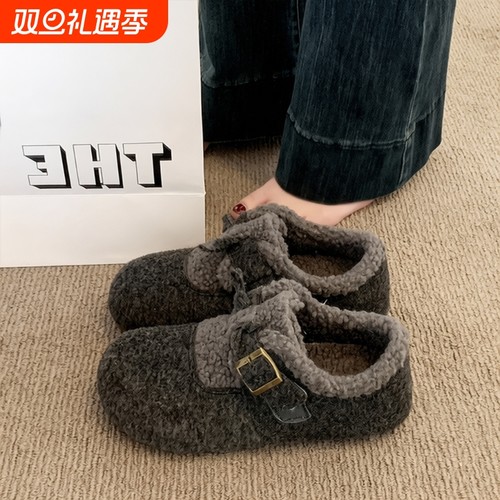 爆款勃肯鞋女2025秋冬季新款内增高加绒豆豆鞋毛毛棉鞋子灰色毛绒