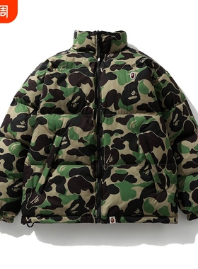 潮牌APE棉服双面穿面包服SHARK BAPE猿人鲨鱼迷彩秋冬季亲子外套