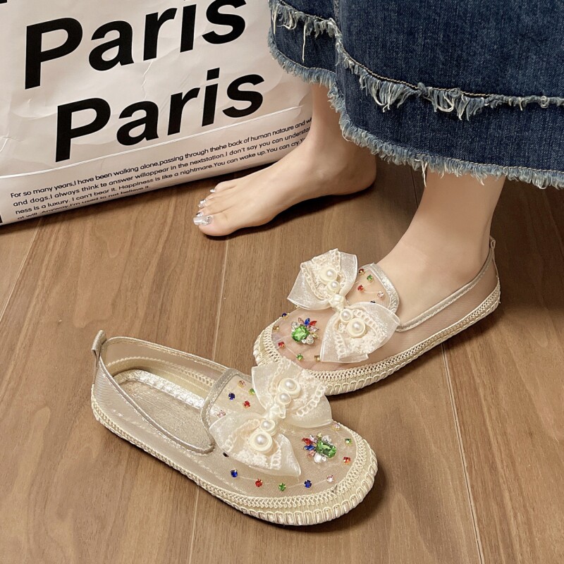 水钻网面渔夫鞋女2023春夏季新款圆头软底舒适百搭女式休闲鞋网鞋