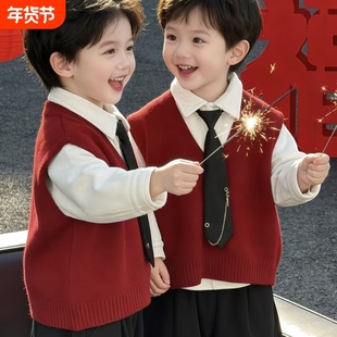 2026新款男童宝宝学院风红色针织马甲套装秋冬加绒衬衫两件套领带