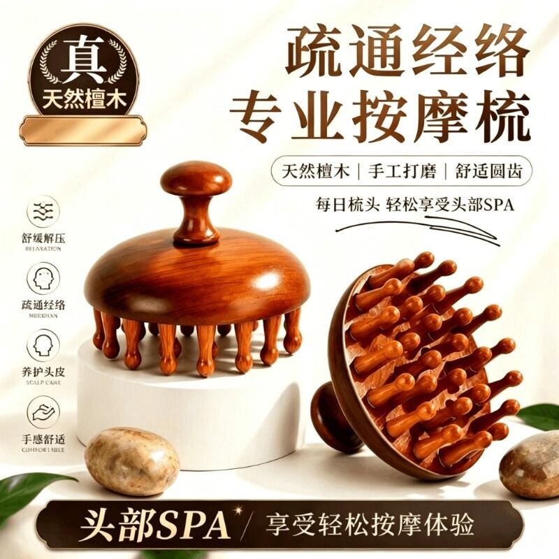 高端檀木按摩梳圆盘头皮洗头梳头部经络疏通神器头疗养发木梳子