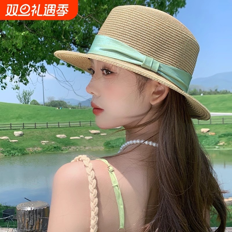 法式平顶草帽女夏季海边沙滩度假大帽檐防晒遮阳帽子时尚礼帽旅行