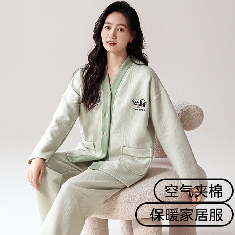 空气棉睡衣女加厚夹层秋冬新款长袖宽松大码可外穿夹棉家居服套装