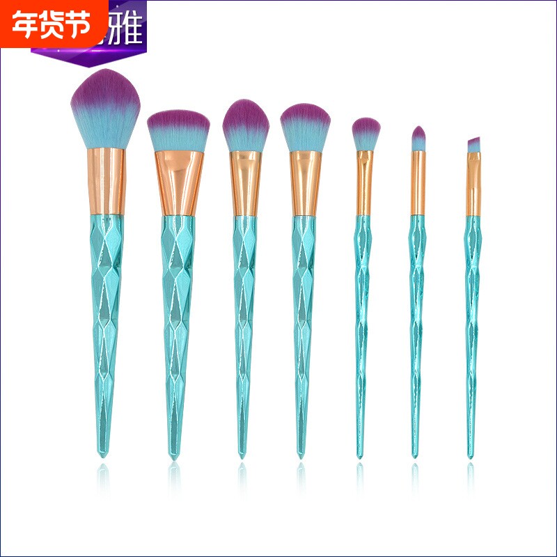 新款 7支钻石柄化妆刷套装 蓝色螺旋柄独角兽粉底刷 眼部彩妆工具