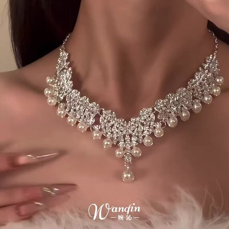 繁星璀璨法式复古仿珍珠流苏项链公主超闪锁骨链配礼服多层银色