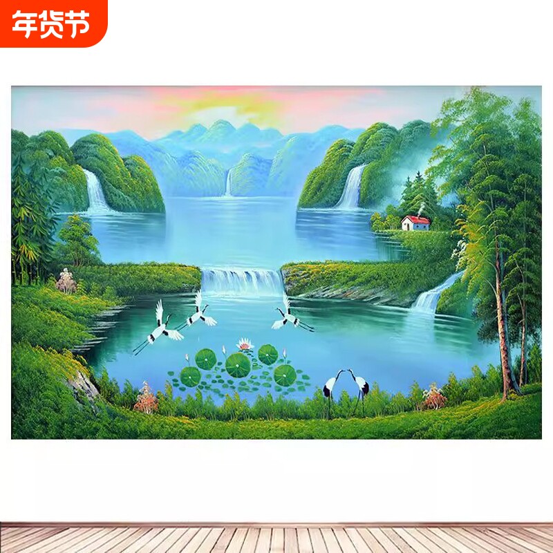 山水瀑布客厅装饰画聚宝盆仙鹤招财流水生财卧室墙贴画壁画自粘画