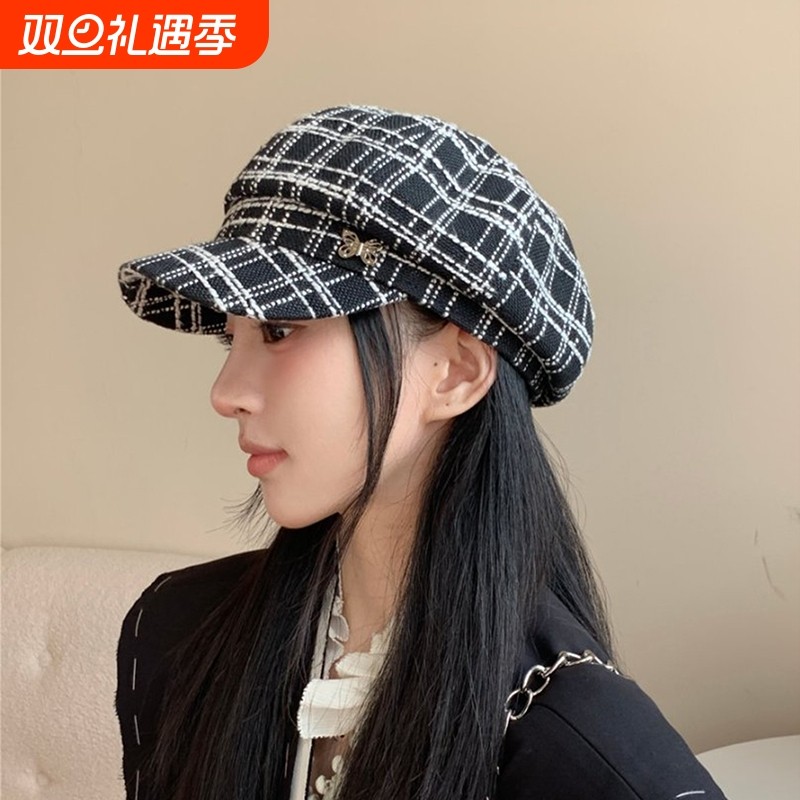 秋冬英伦复古格子韩版报童画家帽女款八角帽子贝雷帽百搭时尚格纹
