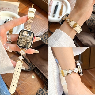 适用iWatchs9表带苹果手表10代金属四叶花拼接皮质Applewatch秋冬SE高级ultra女款 7可爱 41mm真皮s8创意6