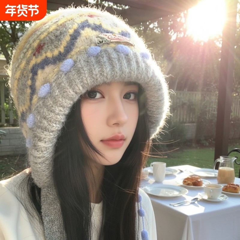 2025新款费尔岛复古针织包头帽子女款冬显脸小保暖防寒护耳毛线帽,服饰配件/皮带/帽子/围巾,帽子,淘宝优惠券,粉丝福利购,淘宝优惠卷